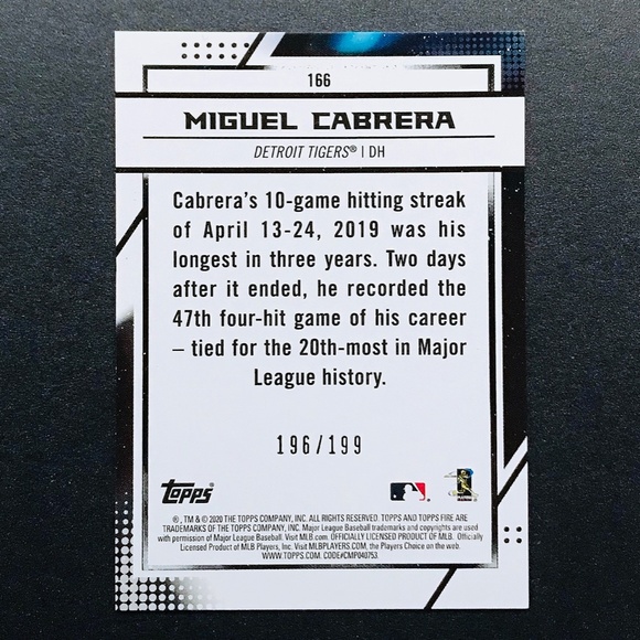 Miguel Cabrera - 2020 Topps Fire Green #166 [196/199] - Picture 2 of 2